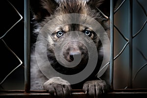 Captive wolf cub with sad eyes behind bars. Concept of animal rights, wildlife conservation, captivity stress