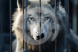 Captive wolf with piercing eyes behind bars. Concept of animal rights, wildlife conservation, captivity stress