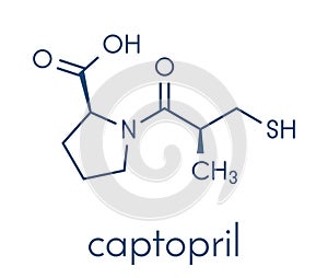 Captopril high blood pressure hypertension drug. An angiotensin-converting enzyme inhibitor ACE inhibitor Skeletal formula. photo