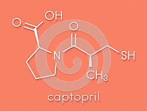 Captopril high blood pressure hypertension drug. An angiotensin-converting enzyme inhibitor ACE inhibitor Skeletal formula. photo