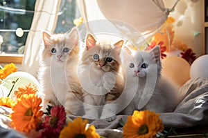 Playful Trio: Fluffy Kittens Enjoying Yarn Ball on Green Carpeted Floor photo