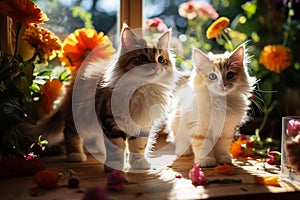 Playful Trio: Fluffy Kittens Enjoying Yarn Ball on Green Carpeted Floor photo
