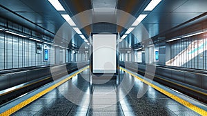 Capture the attention of daily commuters with an empty poster mockup, strategically located on an escalator wall in a bustling photo