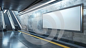 Capture the attention of daily commuters with an empty poster mockup, strategically located on an escalator wall in a bustling