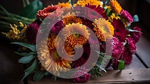 Midday Blooms: A Colorful Fall Bouquet on Rustic Surface photo