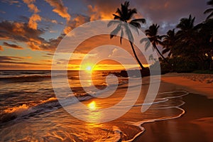 Capture the beauty of a vibrant sunset on a tropical beach, surrounded by swaying palm trees, Golden hues of sunset on a Hawaiian