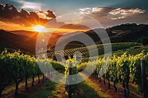 Capture the captivating sight of the sun setting over a picturesque vineyard, showcasing natures tranquility and stunning beauty,