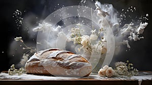 Capture the dynamic interplay of rustic, homey sourdough bread and the poetic cascade of flour