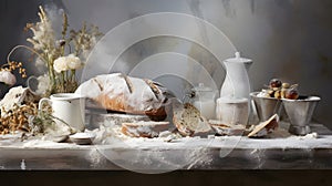 Capture the dynamic interplay of rustic, homey sourdough bread and the poetic cascade of flour