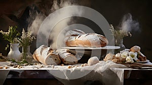 Capture the dynamic interplay of rustic, homey sourdough bread and the poetic cascade of flour