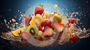 Capture dynamic splashes of food in flying Asian food photography. Flying strawberry & banana chunks as the main subject