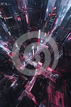 Capture the dystopian side of hyperconnectivity in a future society with a dark and oppressive cityscape