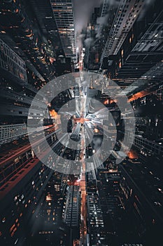 Capture the dystopian side of hyperconnectivity in a future society with a dark and oppressive cityscape