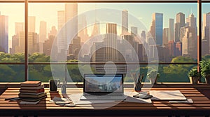 Modern Office Desk: Sleek Design, Cityscape View photo