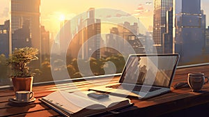 Modern Office Elegance: Polished Walnut Desk with Cityscape View photo