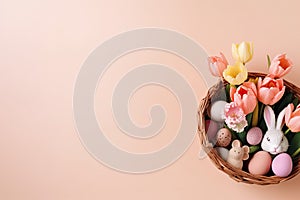 Capture the essence of Easter with a top view photo of a colorful basket filled with decorated eggs