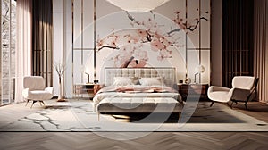 Capture the essence of high-end design in a striking and vibrant bedroom composition