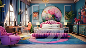 Capture the essence of luxury in a stylish and colorful bedroom scene