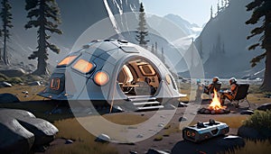 Capture the essence of a sci-fi camping experience with a wide-angle view featuring futuristic tech gadgets