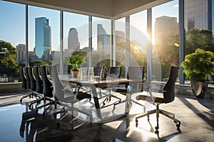 Sleek Modern Meeting Room with City Skyline View photo