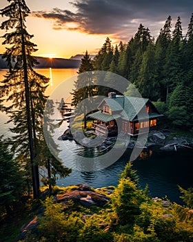 Summer Serenity: Cabin Oasis Amidst Verdant Forest, Glistening Lake, and Majestic Mountains