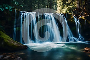 Capture the ethereal beauty of a cascading waterfall in a photograph, showcasing its realist and intricate details that transport