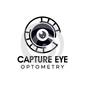 Capture eye optometry logo, vector abstract eyeball combine with movie cliche