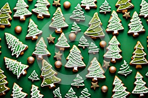 Capture the festive spirit with a close-up shot of ginger and honey cookies shaped like Christmas fir trees. Enhance the visual