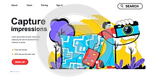 Capture impressions concept for landing page template. Woman travelling with photo camera and making images from vacation people