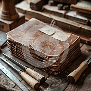 Capture the intricate art of bookbinding from a highangle view showcasing the meticulous process of stitching, folding