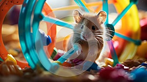 Vibrant Playtime: Young Gerbil on Colorful Spinning Wheel photo