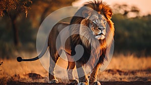 Capture the majestic beauty of a lion standing tall in the savannah of africa.