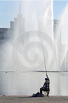 man fishing at the Nizhny Kaban Lake