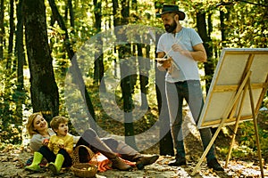 Capture moment. Beauty of nature. Bearded man woman and son relax autumn nature. Drawing from life. Painter artist with