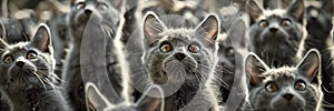 Capture a moment of collective distress and disbelief as a bunch of grey cats look up.