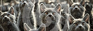 Capture a moment of collective distress and disbelief as a bunch of grey cats look up. photo