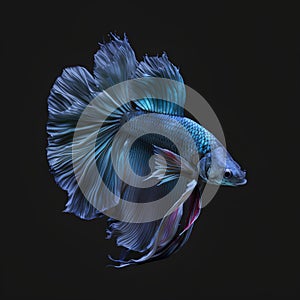 Capture the moving moment of blue siamese fighting fish isolated on black background. Betta fish.