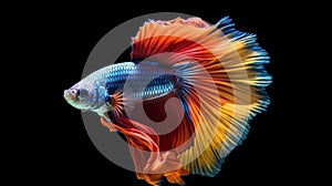 Capture the moving moment of red-blue siamese fighting fish,betta fish isolated on black background.