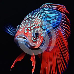 Capture the moving moment of red-blue siamese fighting fish isolated on black background