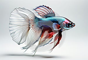 Capture the moving moment of red-blue siamese fighting fish isolated on white background