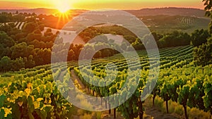 Capture the peaceful beauty of the sun setting over a vineyard, creating a picturesque scene, A lush vineyard bathed in the warm