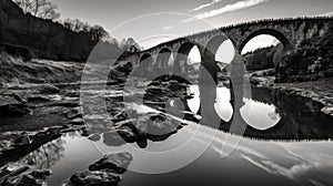 Travel Photography: Black And White Reflection Of Viandolfo's Ancient Stone Bridge At Sunset