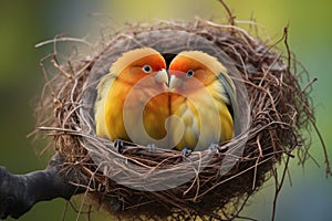 Capture the serene sight of two birds nestled together in their cozy little nest, showcasing the true essence of companionship in