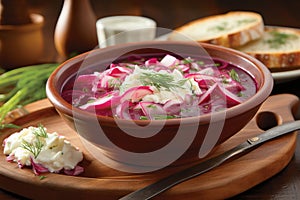 Capture the tempting warmth of traditional red borscht with a dollop of creamy sour cream