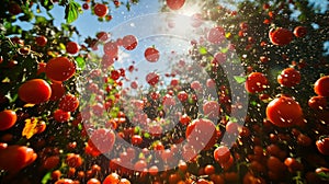 Dynamic La Tomatina Festival Scene with Fresh Tomatoes Mid-Flight Against Bright Sunlight photo