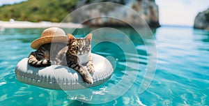 Captured amidst tranquil waters of turquoise sea,happy,relaxed cat wearing fashionable straw beach hat