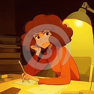 Animated young woman curly hair focused on writing warmly lit room books photo