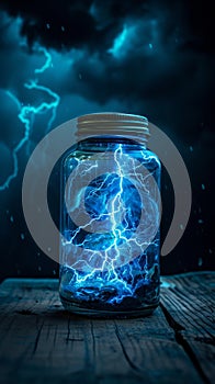 Captured lightning in a jar on a wooden surface