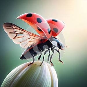 Captured moment as ladybird opens wings to fly away