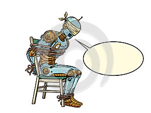 A captured robot under interrogation. Torture of artificial intelligence. Violence against a person, violation of rights